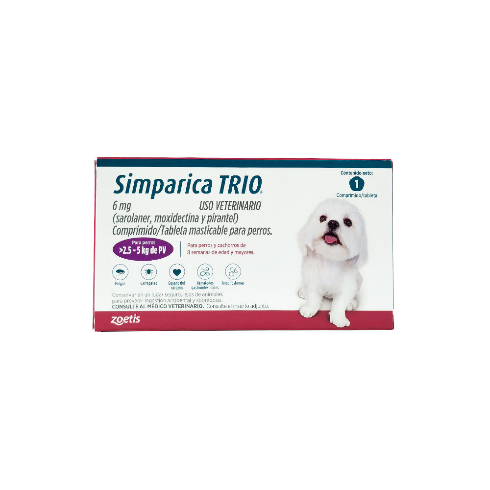Desparasitante Interno y Externo Perro Simparica Trio 2.5 - 5 Kg