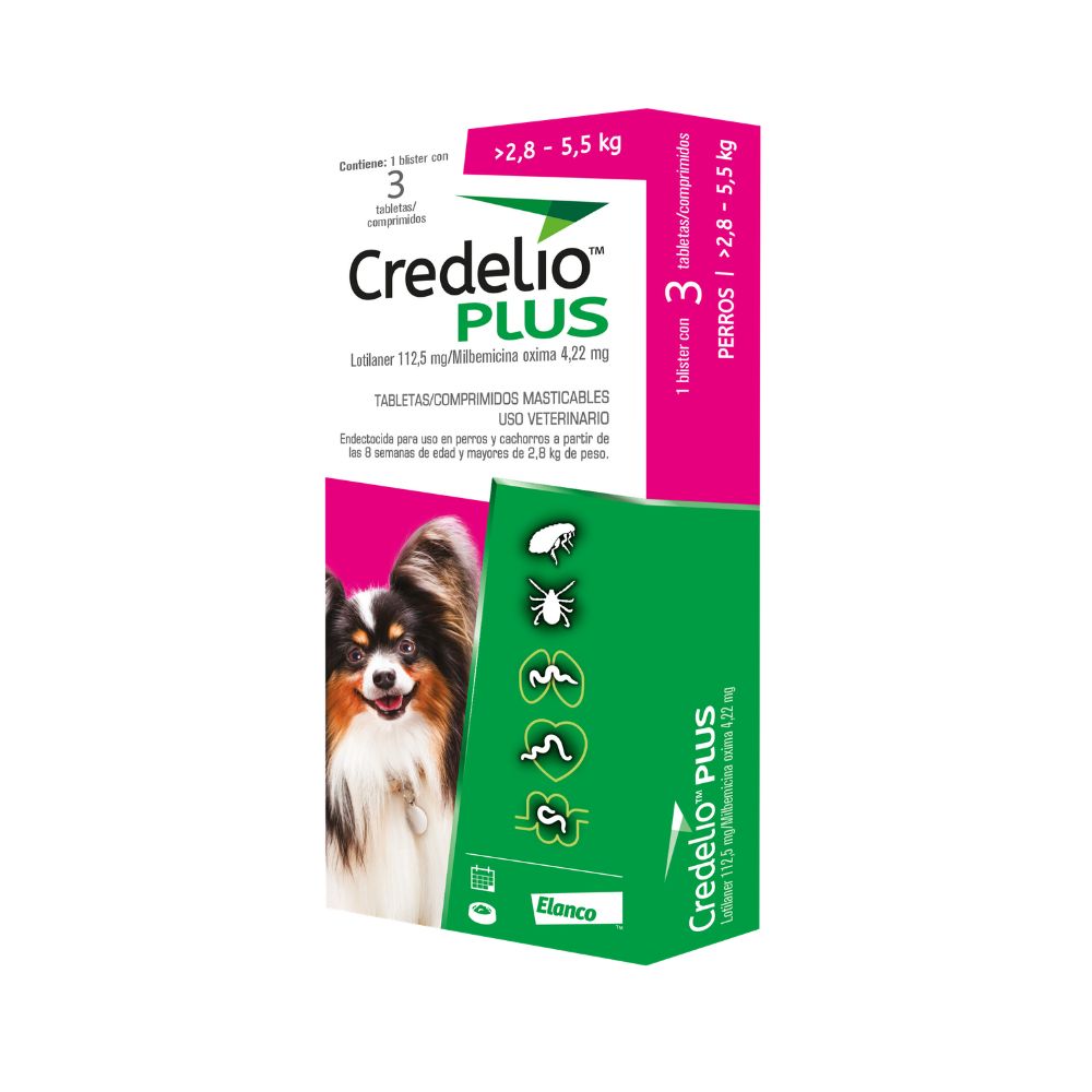 Credelio Plus Tabletas para Perros 2.8-5.5 kg (Lotilaner 112.5 mg + Milbemicina Oxima 4.22 mg) Blíster x3 Tabletas
