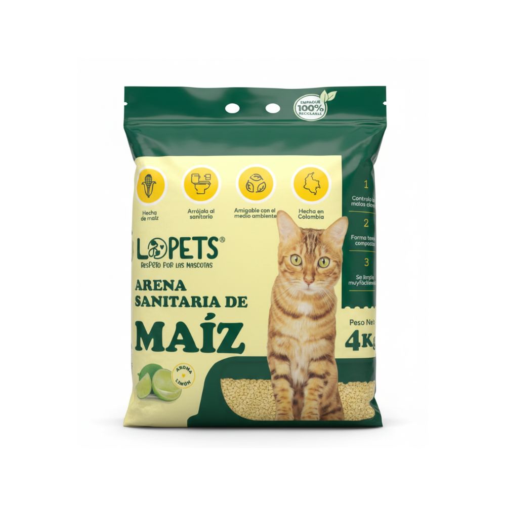 Lopets Arena Sanitaria de Maíz Aroma Limón 4 kg